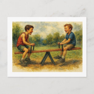 Cartão Postal Meninos Brincando no Balanço,