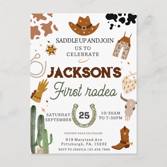 Cartão Postal Meninos Meu Primeiro Rodeio de Cowboy Aniversário  (Frente)