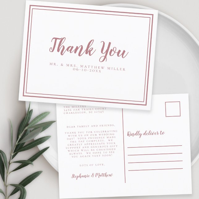 Cartão Postal Mensagem de Agradecimento de Casamento Minimalista (Minimalist Wedding Thank You Message Modern Pink Postcard)