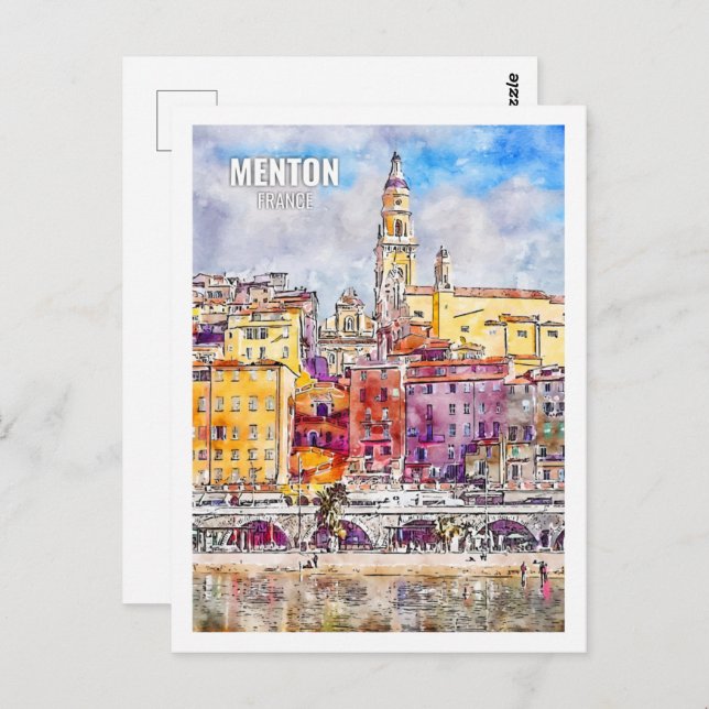 Cartão Postal Menton France Famosa Viagem Place Watercolor (Frente/Verso)