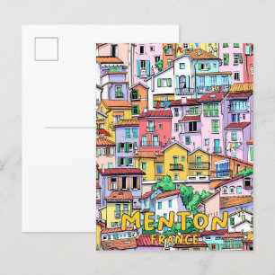 Cartão Postal Menton France Ilustração Art Viagem