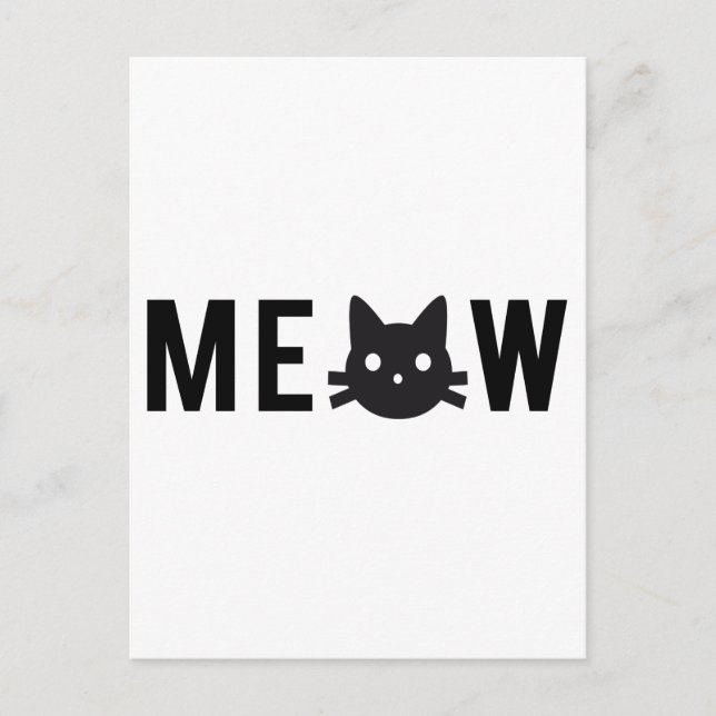 Cartão Postal Meow, com cara de gato preto, design de texto (Frente)