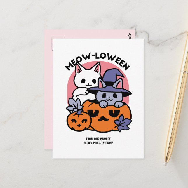 Cartão Postal Meow-Loween - Design de Gato de Halloween (Frente/Verso In Situ)