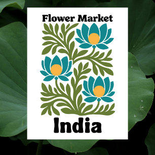 Cartão Postal Mercado de Flores da Índia Lótus Turquesa & Folha