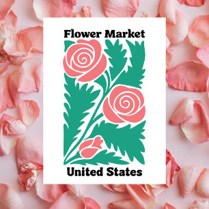 Cartão Postal Mercado de Flores dos Estados Unidos Rosa e Folha