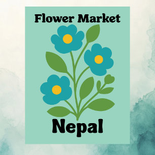 Cartão Postal Mercado de Flores Nepal Blossomo Azul e Folha Verd