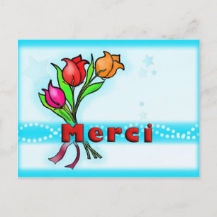 Cartão Postal MERCI French Obrigado Lindas flores de desenho ani