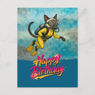 Cartão Postal Mergulhador de escafandro mergulhando gato feliz a