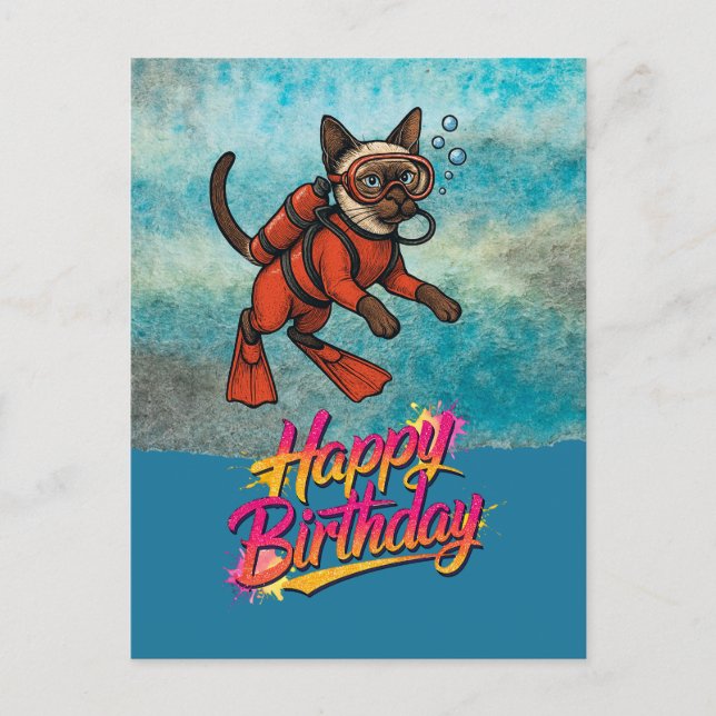 Cartão Postal Mergulhador de scuba mergulhando gato feliz aniver (Frente)