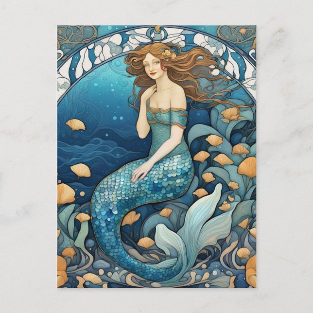 Cartão Postal Mermaid Art Nouveau Aqua Blue Turquoise Art Deco (Frente)