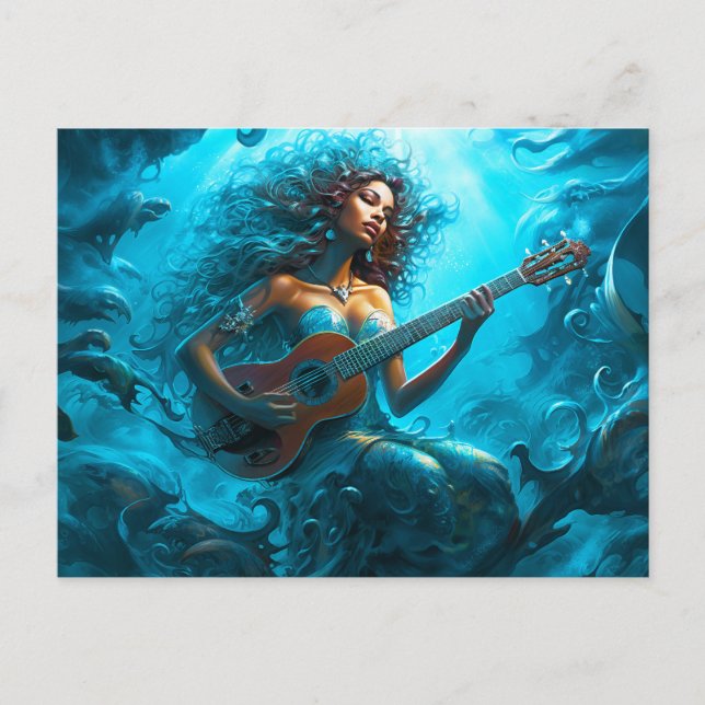 Cartão Postal Mermaid Playing Guitar Underwater Fantasy Painting (Frente)