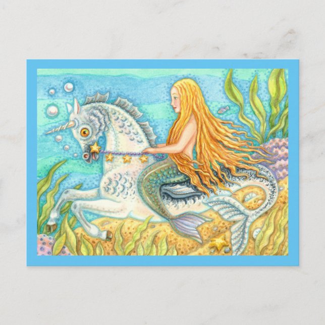 CARTÃO POSTAL MERMAID & SEA STALLION, WHIMSICAL FANTASY UNICORN (Frente)