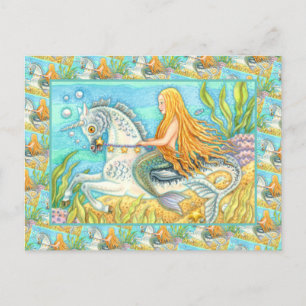 CARTÃO POSTAL MERMAID & SEA STALLION, WHIMSICAL FANTASY UNICORN