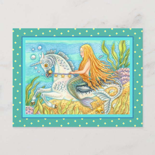 CARTÃO POSTAL MERMAID & SEA STALLION, WHIMSICAL FANTASY UNICORN (Frente)