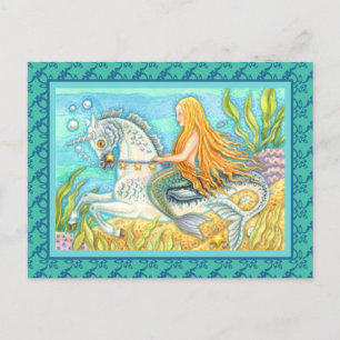 CARTÃO POSTAL MERMAID & SEA STALLION, WHIMSICAL FANTASY UNICORN
