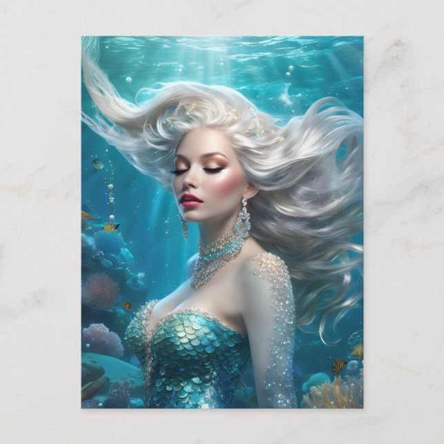 Cartão Postal Mermaid Silver Hair Turquoise Ocean (Frente)