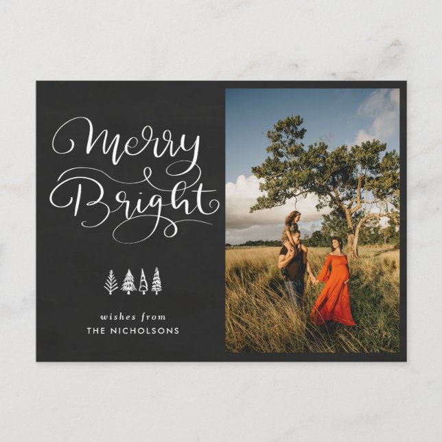 Cartão Postal Merry Bright Holiday Chalkboard Script Photo (Frente)