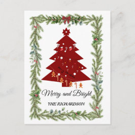 Cartão Postal Merry & Bright Modern Red Christmas Tree & Script 