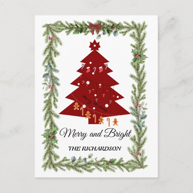 Cartão Postal Merry & Bright Modern Red Christmas Tree & Script  (Frente)