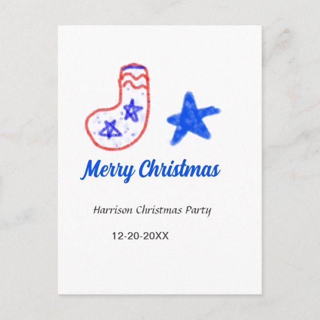 Cartão Postal Merry Christmas blue star red stockings name date  (Frente)