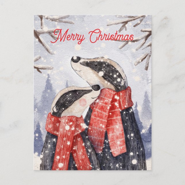 Cartão Postal Merry Christmas Couple Badger Illustration (Frente)