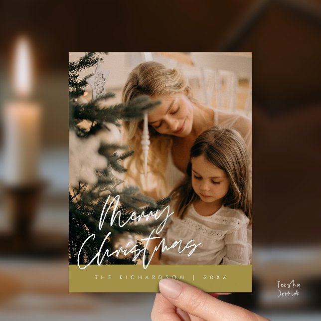 Cartão Postal Merry Christmas Family Photo Elegant Typography (Merry Christmas Family Photo Elegant Cute Typography Postcard in Yellow Gold Theme)