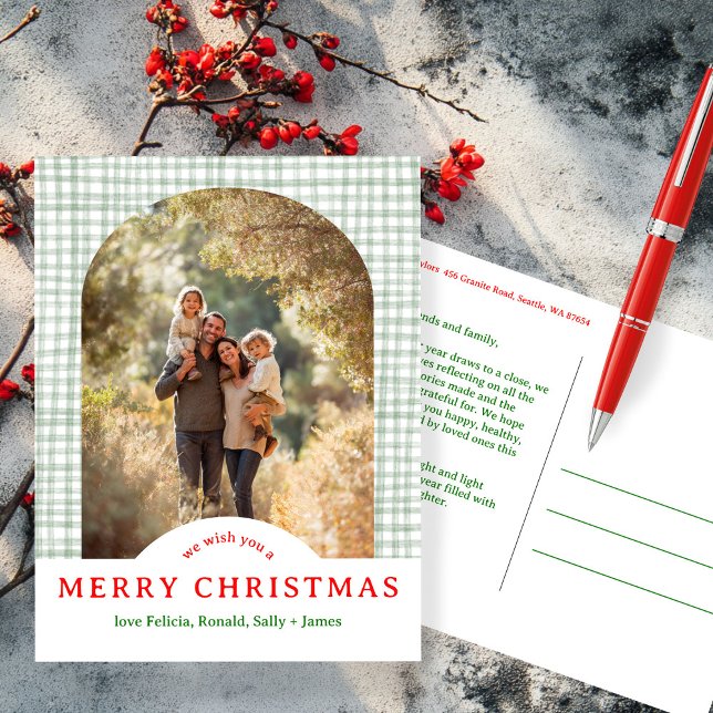 Cartão Postal MERRY CHRISTMAS Gingham Holiday Arch FOTO PERSONAL (MERRY CHRISTMAS Gingham Holiday CUSTOM Arch PHOTO Postcard
)