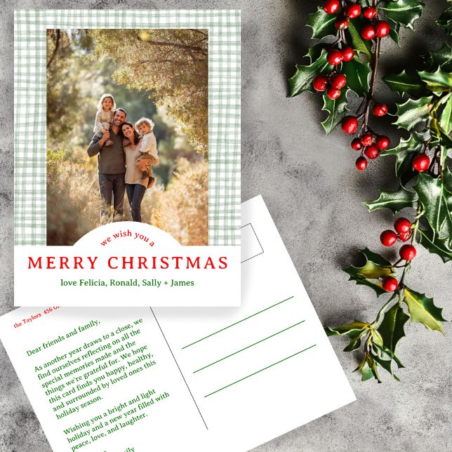 Cartão Postal MERRY CHRISTMAS Gingham Holiday FOTO PERSONALIZADA (MERRY CHRISTMAS Gingham Holiday CUSTOM PHOTO Postcard
)