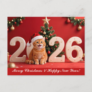 Cartão Postal Merry Christmas & Happy New Year, Red Santa Cat