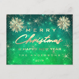 Cartão Postal Merry Christmas Happy New Year Snow Gold Sky Green