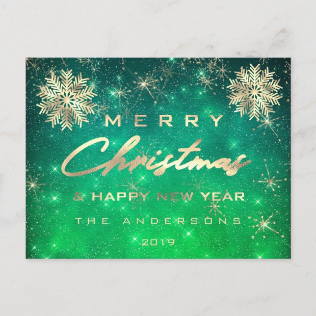 Cartão Postal Merry Christmas Happy New Year Snow Gold Sky Green (Frente)
