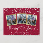 Cartão Postal Merry Christmas Holiday 3 Photos Collage Postcard<br><div class="desc">A very festive red Merry Christmas greeting postcard with white falling snow and 3 personal pictures in bright golden frames. Create this fun red photo collage card with 3 of your own photos in the front. Original Christmas design by Luckz.</div>