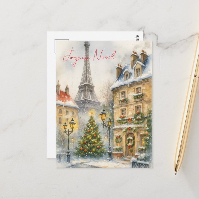 Cartão Postal Merry Christmas in Paris Watercolor Eiffel Tower  (Frente/Verso In Situ)
