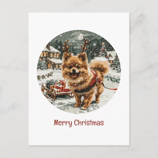 Cartão Postal Merry Christmas Pomeranian Reindeer Dog (Frente)