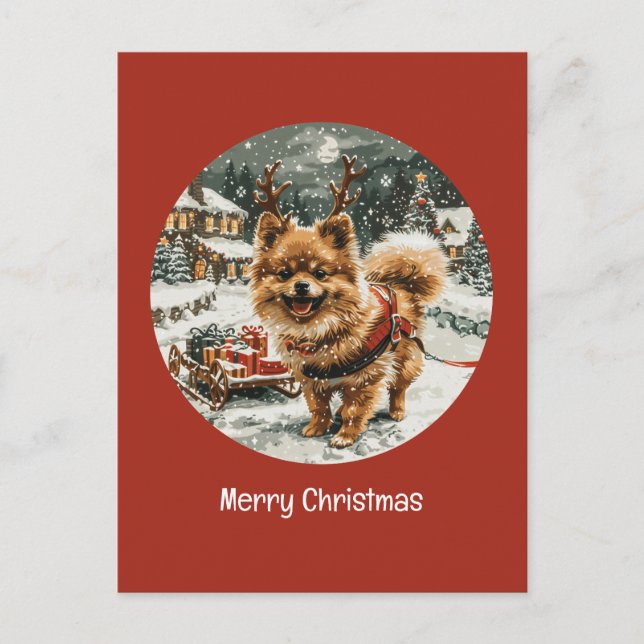 Cartão Postal Merry Christmas Pomeranian Reindeer Dog (Frente)