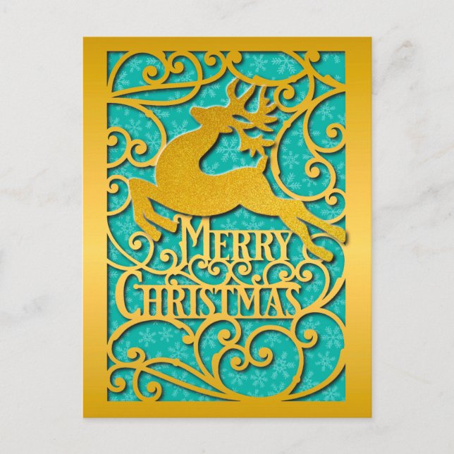 Cartão Postal Merry Christmas Reindeer Silhouettes Snowflake (Frente)