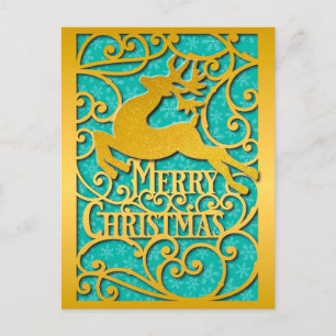 Cartão Postal Merry Christmas Reindeer Silhouettes Snowflake