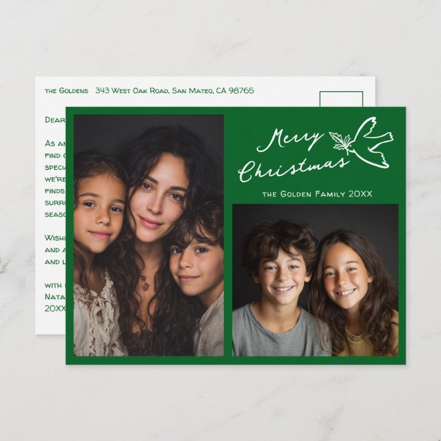 Cartão Postal MERRY CHRISTMAS Simple Dove CUSTOM 2 PHOTO Holiday (Frente/Verso)