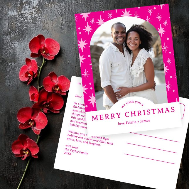 Cartão Postal MERRY CHRISTMAS Stars Holiday CUSTOM Arch PHOTO (MERRY CHRISTMAS Stars Pink CUSTOM Arch PHOTO Holiday Postcard
)