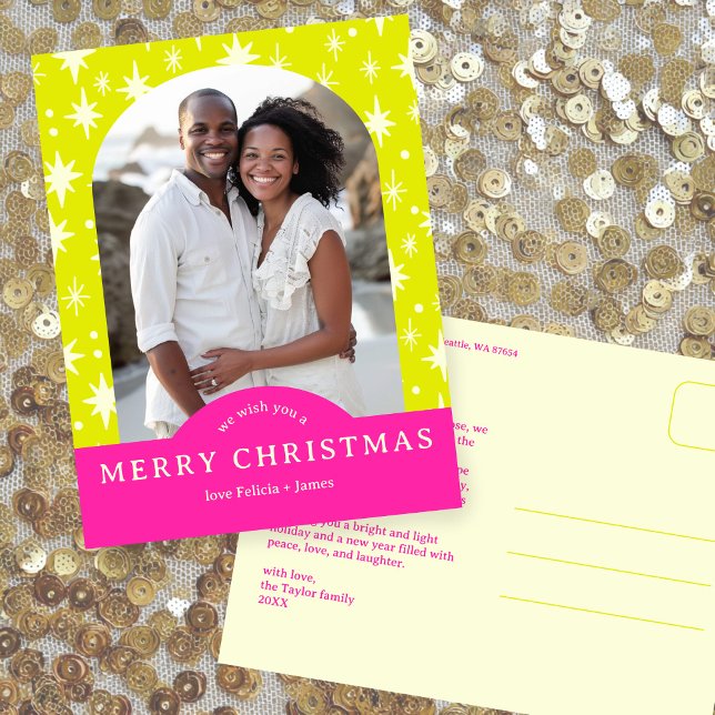 Cartão Postal MERRY CHRISTMAS Stars Holiday CUSTOM Arch PHOTO (MERRY CHRISTMAS Stars Neon Bold Bright Holiday CUSTOM Arch PHOTO Postcard
)