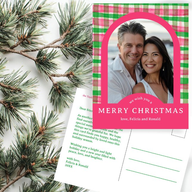 Cartão Postal MERRY CHRISTMAS Watercolor Xadrez PERSONALIZADA Ar (MERRY CHRISTMAS Watercolor Plaid Preppy Chic CUSTOM Arch PHOTO Pink Green Postcard
)