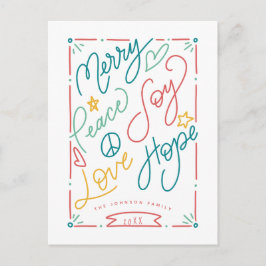 Cartão Postal Merry Peace Joy Love Hope Handdrawn Bright Holiday