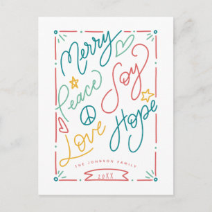 Cartão Postal Merry Peace Joy Love Hope Handdrawn Bright Holiday