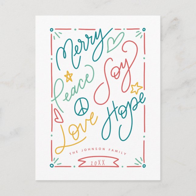 Cartão Postal Merry Peace Joy Love Hope Handdrawn Bright Holiday (Frente)