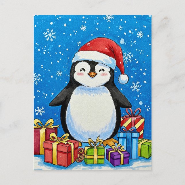 Cartão Postal Merry Penguin Christmas Postcard (Frente)