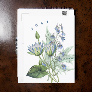 Cartão Postal Mês de julho Larkspur e Water Lily  