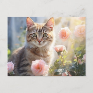 Cartão Postal Mês de Nascimento Rosas e Gato de Junho