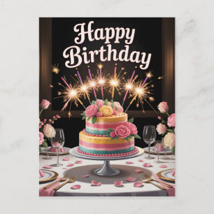 Cartão Postal Mesa de Jantar de Aniversário Elegante com Bolo