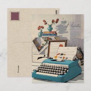 Cartão Postal Mesa de máquina de escrever azul vintage pessoal r