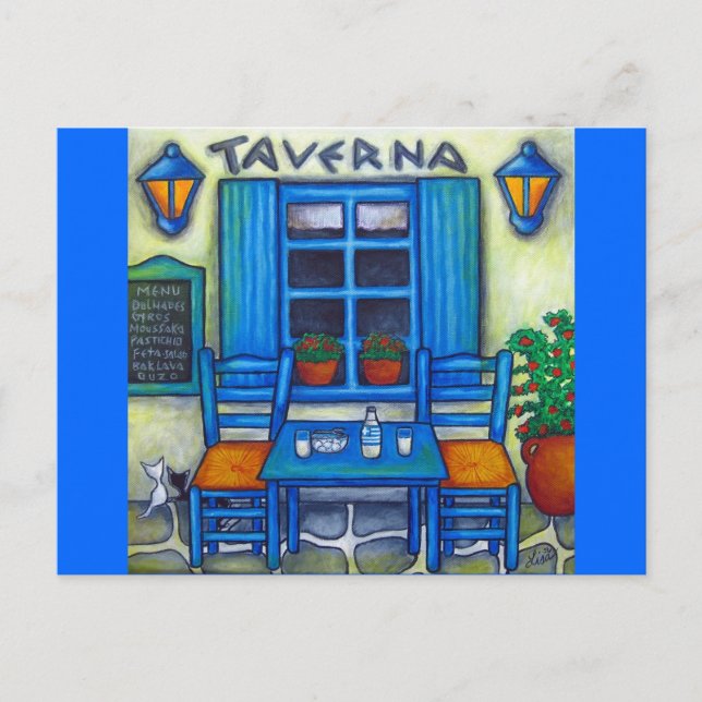 Cartão Postal Mesa para duas na placa de Posto da Grécia (Frente)